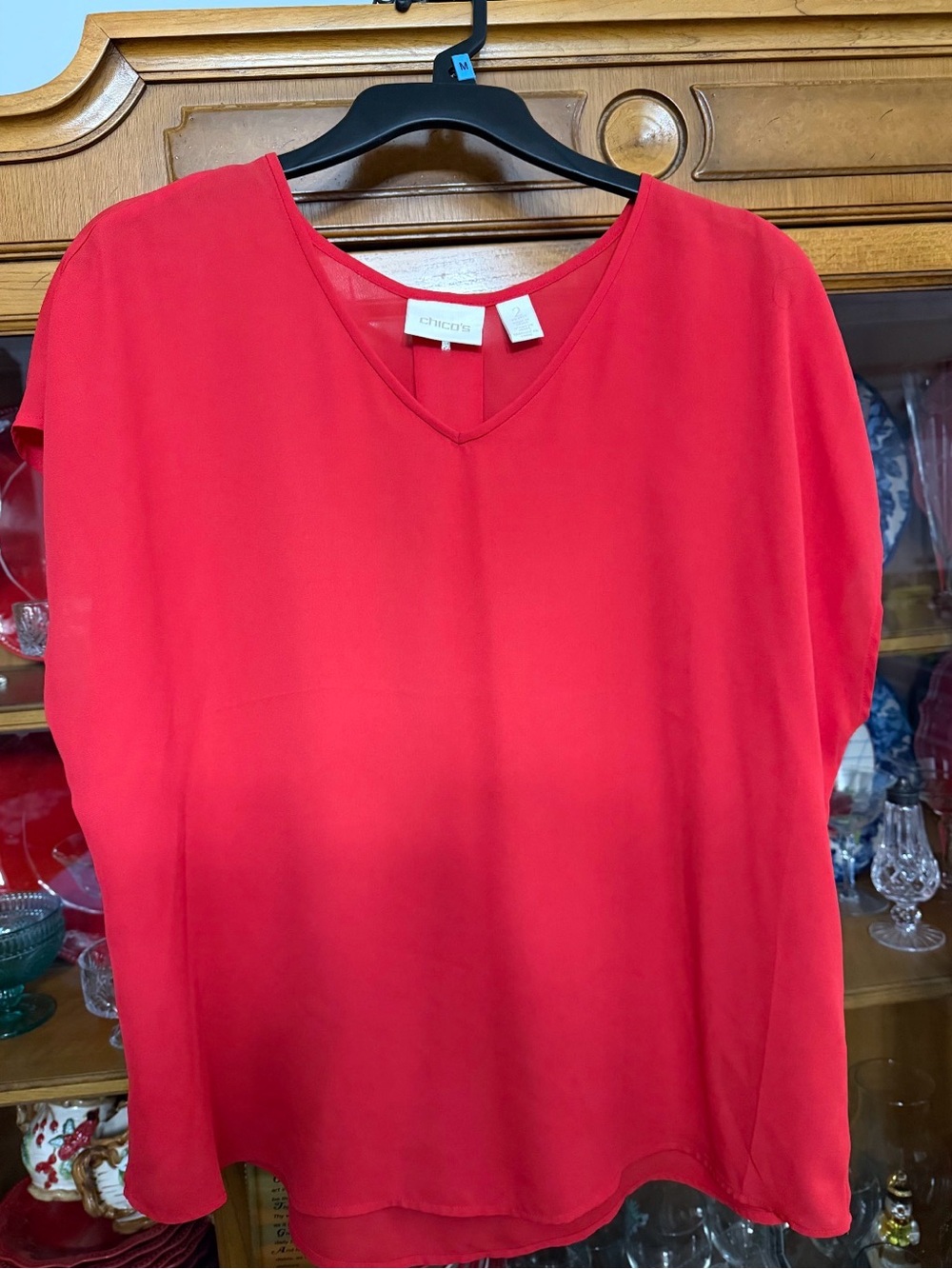 Chico's Bright Red V-Neck Short Sleeve Blouse